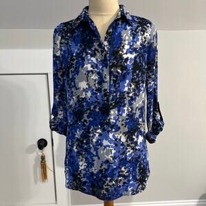 LIZ CLAIBORNE Blue Watercolor Print Tunic Blouse SZ Small
